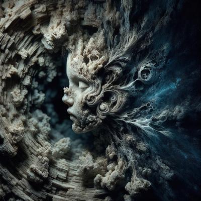 The primary subject of the image is a sculpture of a woman's face, which is surrounded by a swirling, abstract background. The visual style of the image is a combination of photo and digital art, creating a unique and intriguing composition. The colors and mood of the image are predominantly dark and moody, with the woman's face being the focal point amidst the swirling, textured background.